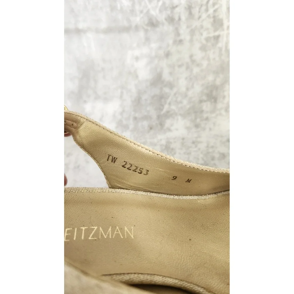 Stuart Weitzman Wedge Sandal Womens 9M Gold Linen Cork Peep Toe Bow Quiet Luxury - Picture 9 of 12